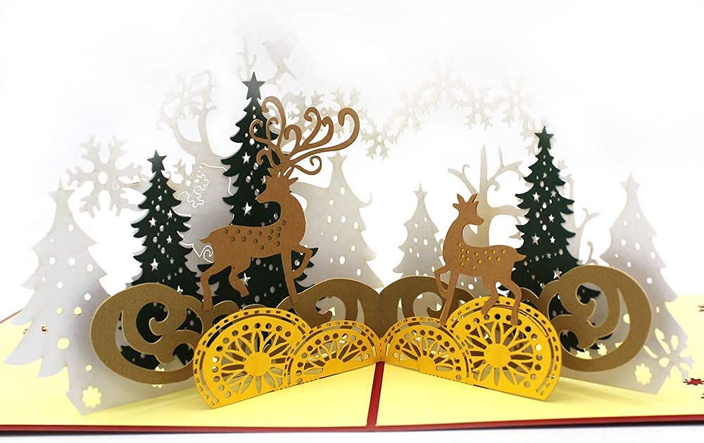 3D Christmas Cards Pop-Up Christmas Tree Reindeer Greeting Cards Gift Greeting Card for Xmas New Year with Envelopes Colorful Merry Christmas Gifts