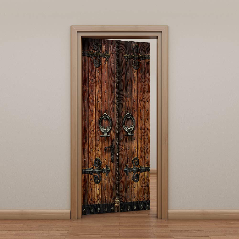 Alwayspon Modern Art Woodern 3D Door Sticker, Peel and Stick Removable Vinyl Door Decals for Home Decor, 32.3x78.7(82x200cm), 2 Pcs Set