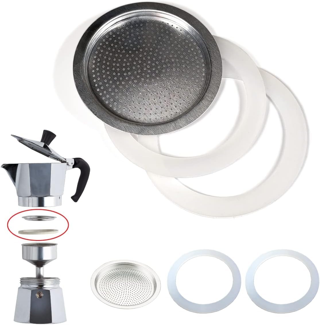 Universal Coffee Maker Gasket and Filter for Moka Spare Parts (2X Silicone Seal Ring + 1x Steel Filter) (9 Cups)