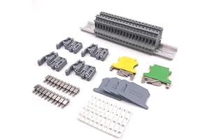 Erayco DIN Rail Terminal Blocks Kit, 20PCS UK2.5B Terminal Blocks 12 AWG Gauge, 20A 600V, 2PCS Ground Blocks, 4PCS Jumpers, End Stopper, End Covers, Marker Strip, 1Pcs 8" Aluminum Rail