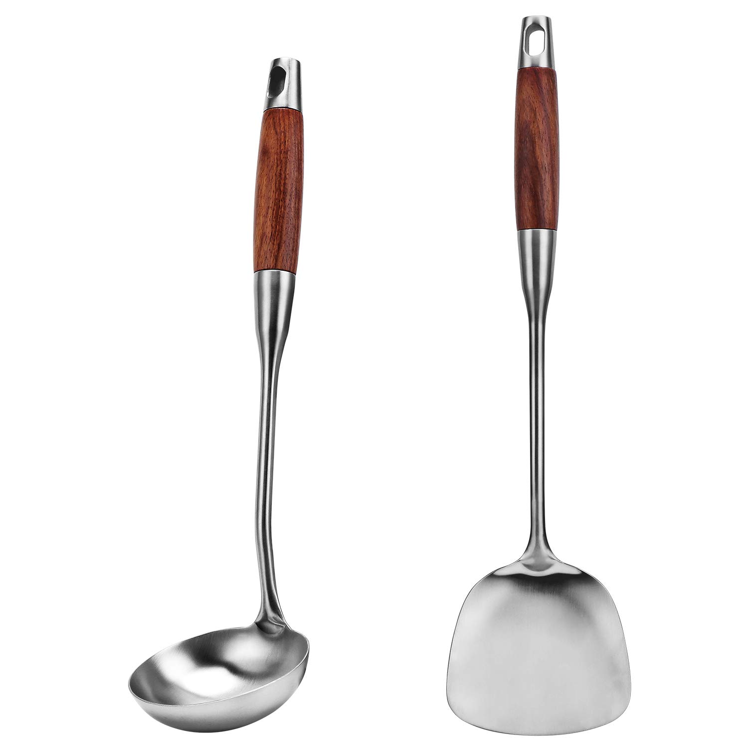Coolty 2 Pieces Kitchen Utensil Set, 304 Stainless Steel Wok Spatula and Soup Ladle Set with Long Heat Resistant Wood Handle