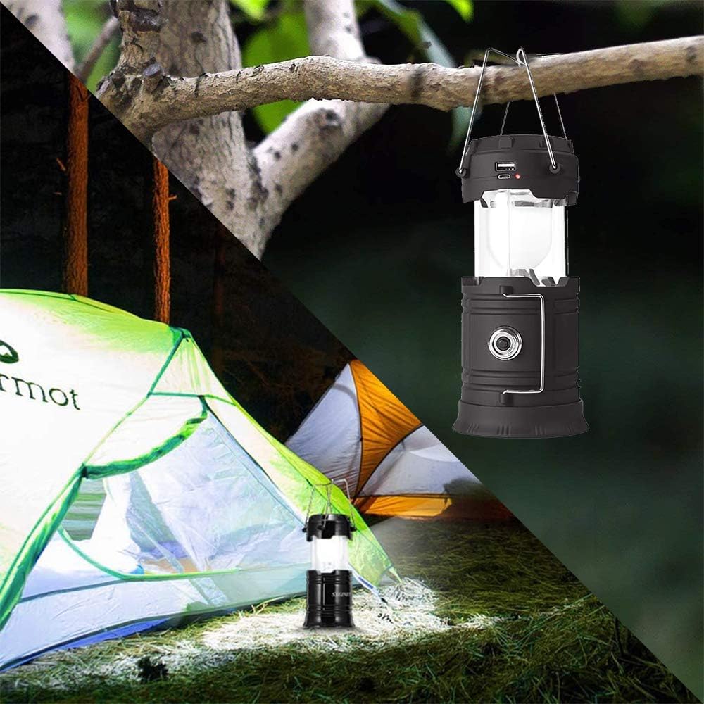 Solar Lantern Flashlights, USB Rechargeable Camping Lantern Led, Collapsible & Portable for Emergency, Hurricanes, Power Outage, Storm (Black 1) - - 