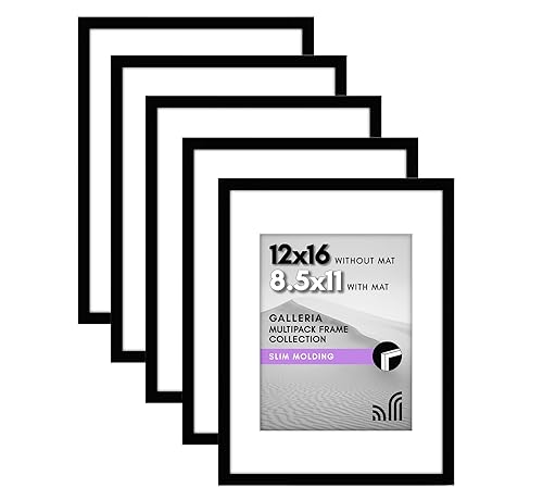 Americanflat 12x16 Picture Frame with Polished Plexiglass - Set of 5 - Use as 8.5x11 Frame with Mat or Display 12x16 Photo Without Mat - Galleria Collection - Picture Frames for Wall Display - Black