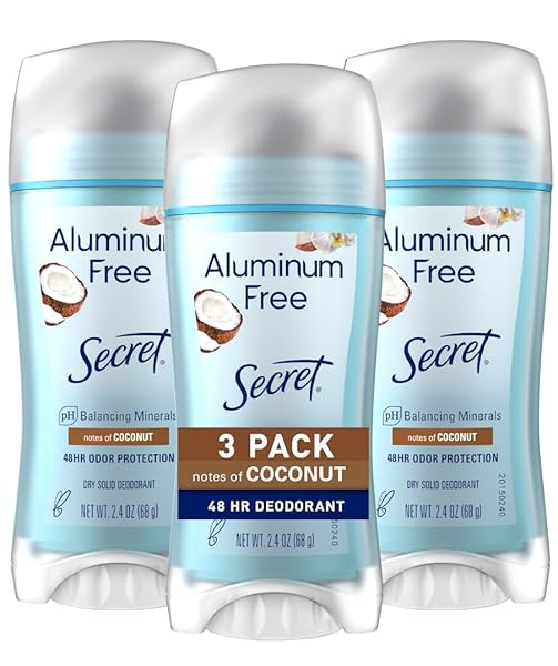 SECRET ALUMINUM FREE DEODORANT FOR WOMEN, 48HR ODOR PROTECTION, NATURALLY DERIVED INGREDIENTS, FREE OF PARABENS DYES TALC & BAKING SODA, PH BALANCED, DRY SOLID, COCONUT SCENT, 2.4 OZ (PACK OF 3)