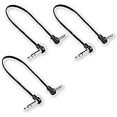 M MAKA - 20" Low Profile Stereo Guitar Flat Patch Cable for Effects Pedals, 1/4" TRS Right Angle Black 3 Pack