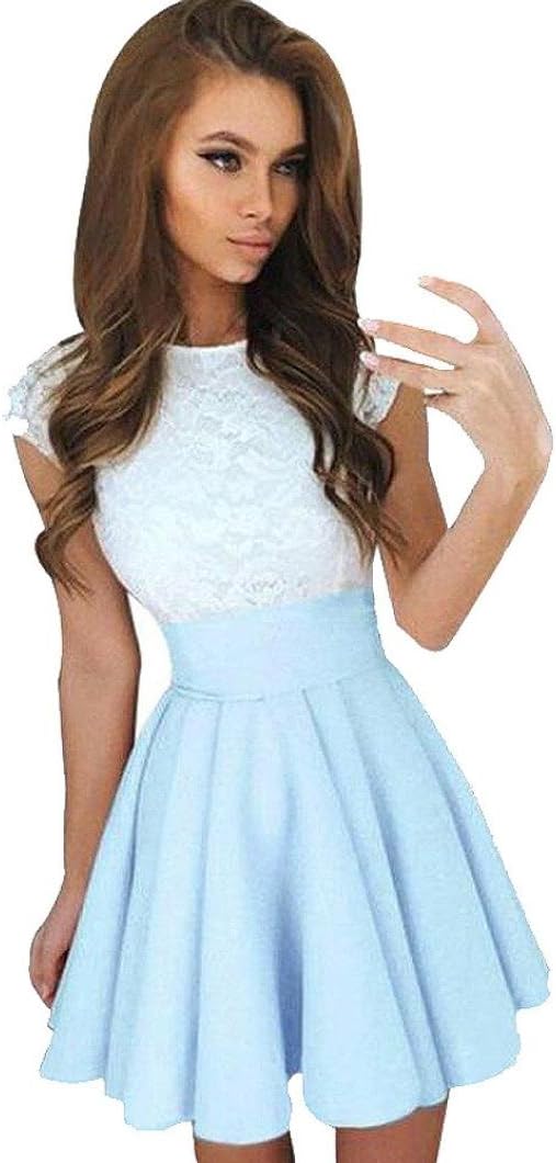 Kangma Women Summer Lace Party Cocktail Ladies Mini Skater Skirt Short Sleeve Dresses