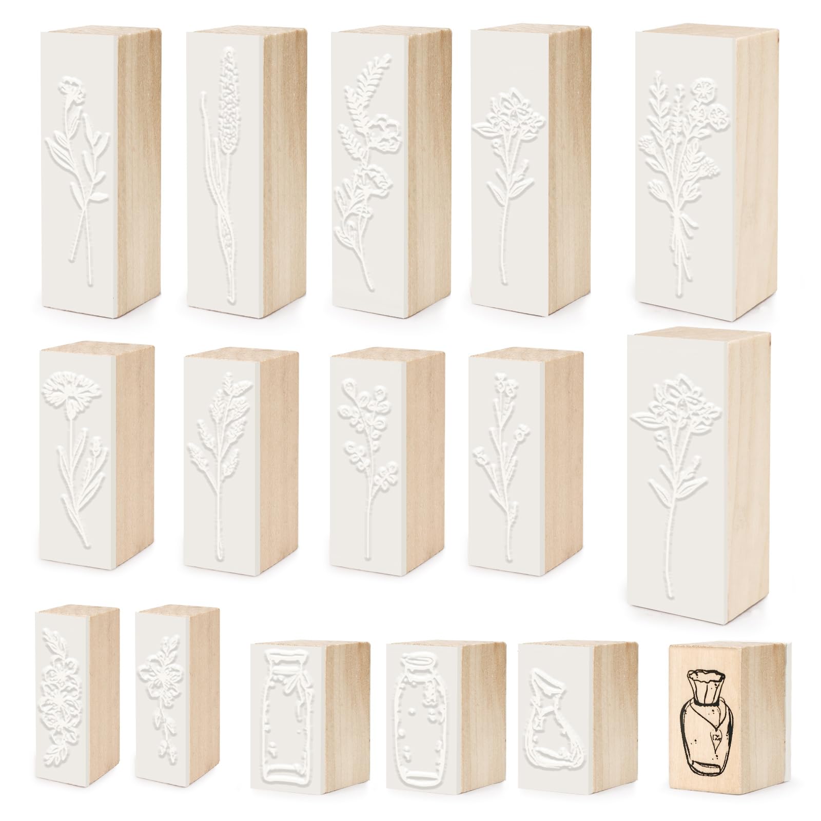 Realand 16pcs Wood Rubber Stamps for Crafting, Rectangular Wooden Stamp Set Plant Bottle Flower Stamps for Card Making Scrapbooking Crafts