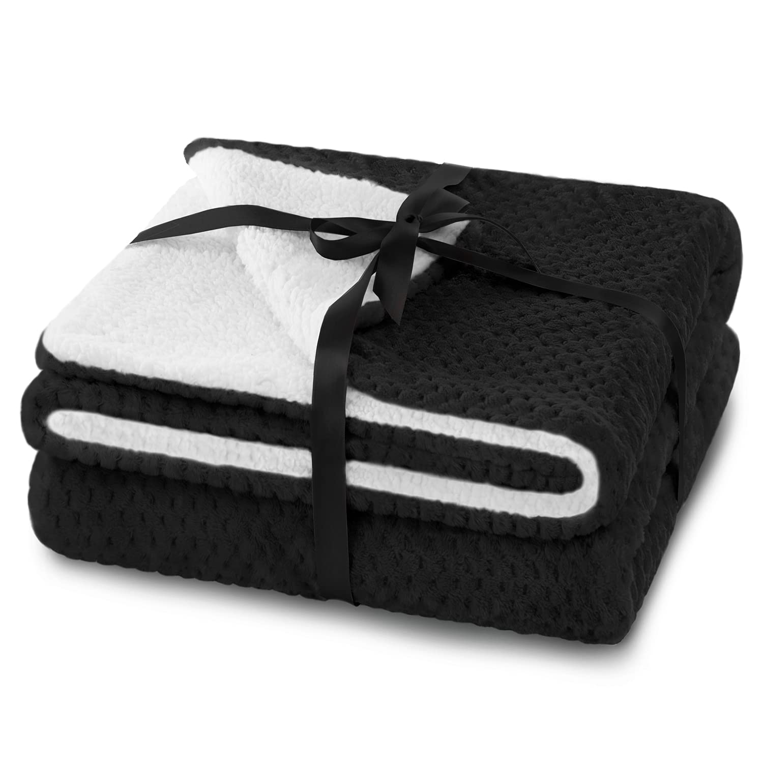 AmeliaHome Shleepy Cuddly Blanket 70 x 150 cm Delicate Quilted Sherpa Lambskin Look Black