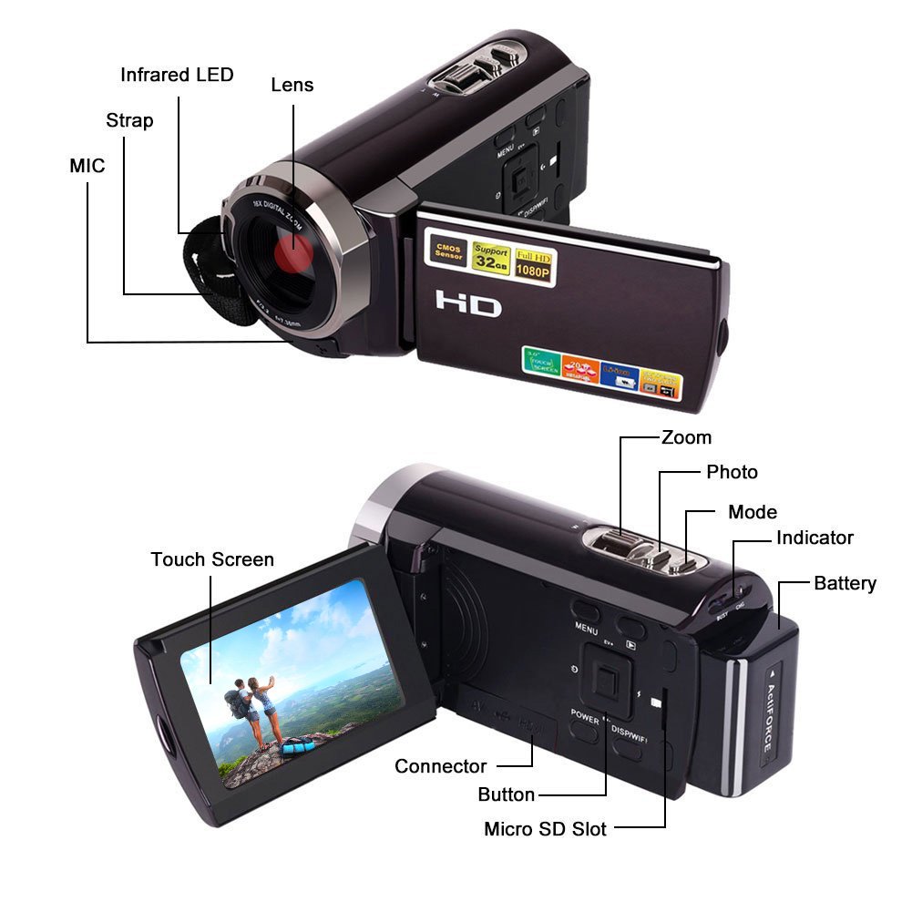 Camorder Video Camera SEREE Full HD 1080p Digital Video Recorder 20MP 16X Zoom 3 Inch Touch Screen Dual Memory Cards