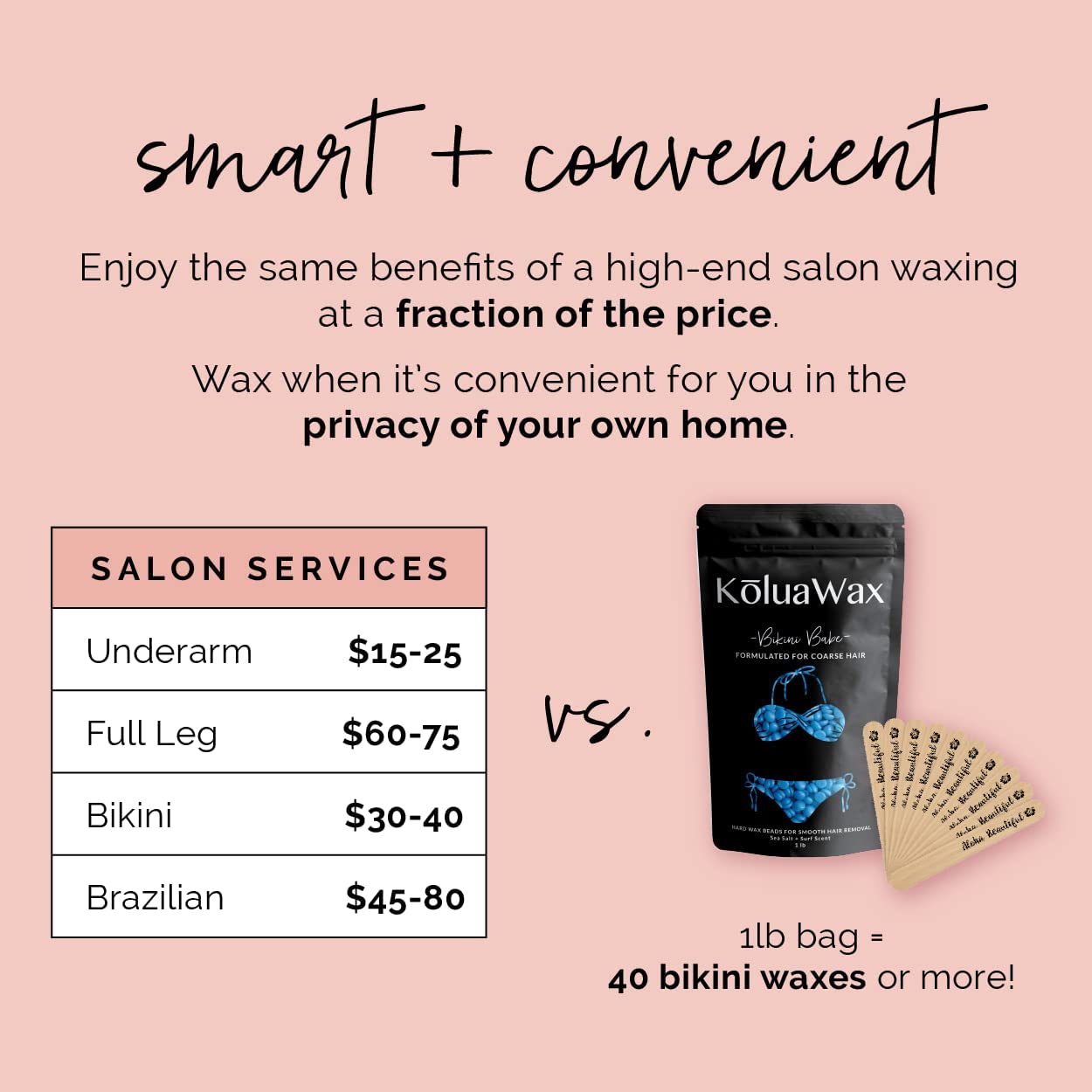 KoluaWax Hard Wax Beads for Hair Removal – Coarse Hair Formula – Face, Brazilian, Underarms, Back Chest, Bikini Waxing – Sea Salt & Surf, 1lb Refill for Wax Warmers & 10 Large Applicator Sticks