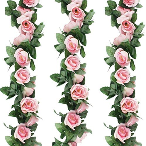 GPARK 3Pcs (22.6FT) Fake Rose Vine Garland Artificial Flowers Handing Plants Leaf Garland Hanging for Wedding Party Garden Outdoor Wall Decoration Pink