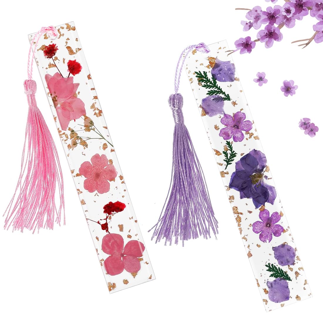 Bookmarks for Women with Tassels NOCHME 2 Pack Epoxy Resin Dried Brightly Colour Real Flower Book Mark with Gold Sprinkles, Unique Transparent Page Reading Marker for Lady Girls,Pink and Purple