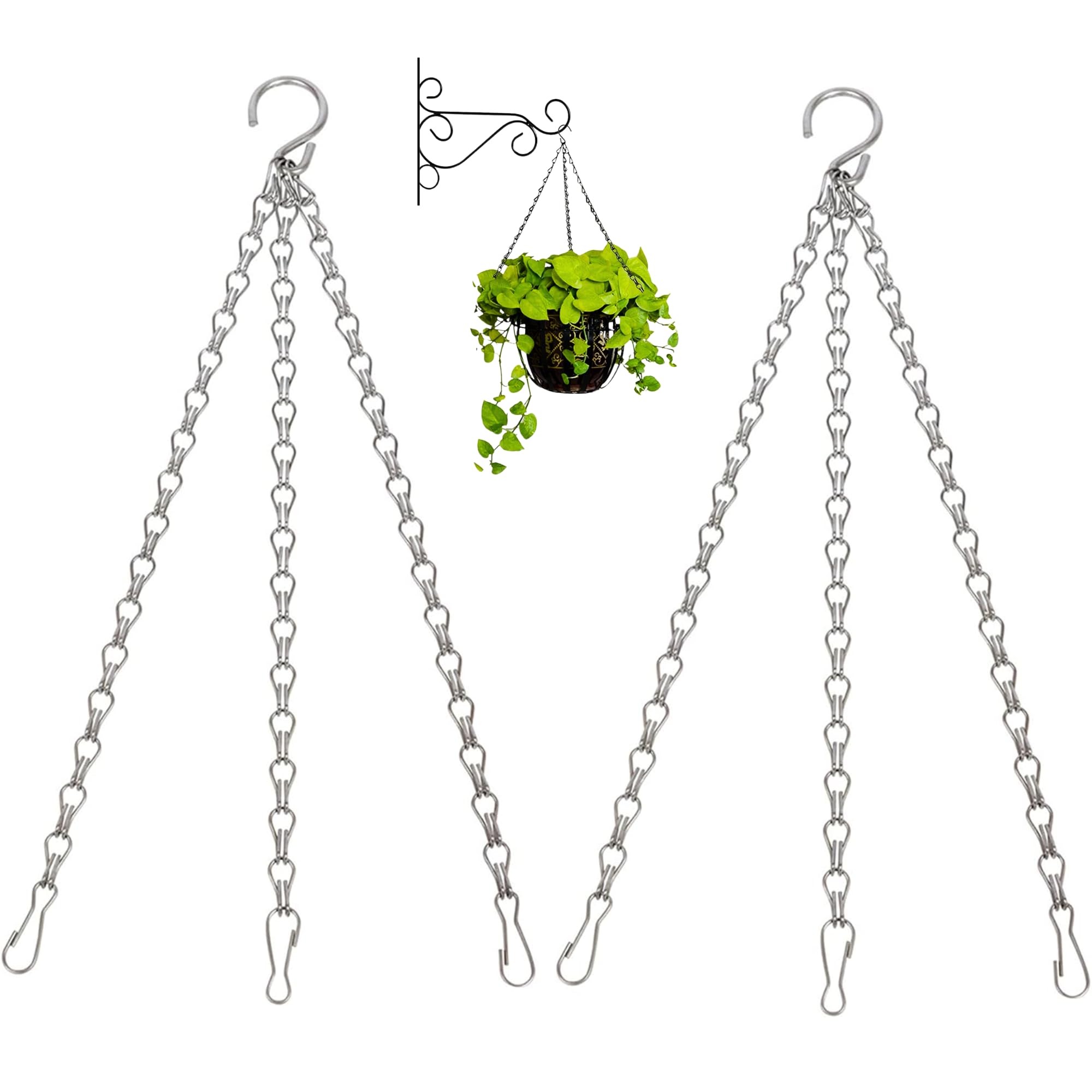 xtralotz Hanging Basket Chains 3-Point Heavy Duty 14 inch (35.5cm) Rust Resistant Metal Chain for Hanging Baskets Bird Feeders Planters Ornaments and Outdoor Garden Accessories 2 Pack Silver