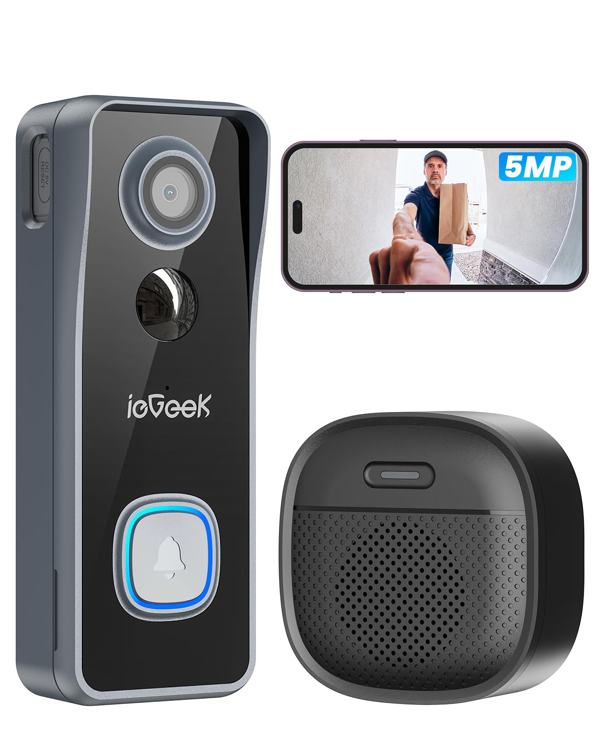 ieGeek Doorbell Camera No Monthly Fee, 5MP Video Doorbell Wireless, Camera Doorbell with Chime, PIR Motion Detection 2-Way Talk, Voice Changer, Easy Installation, Only 2.4GHz Wifi, Works with Alexa