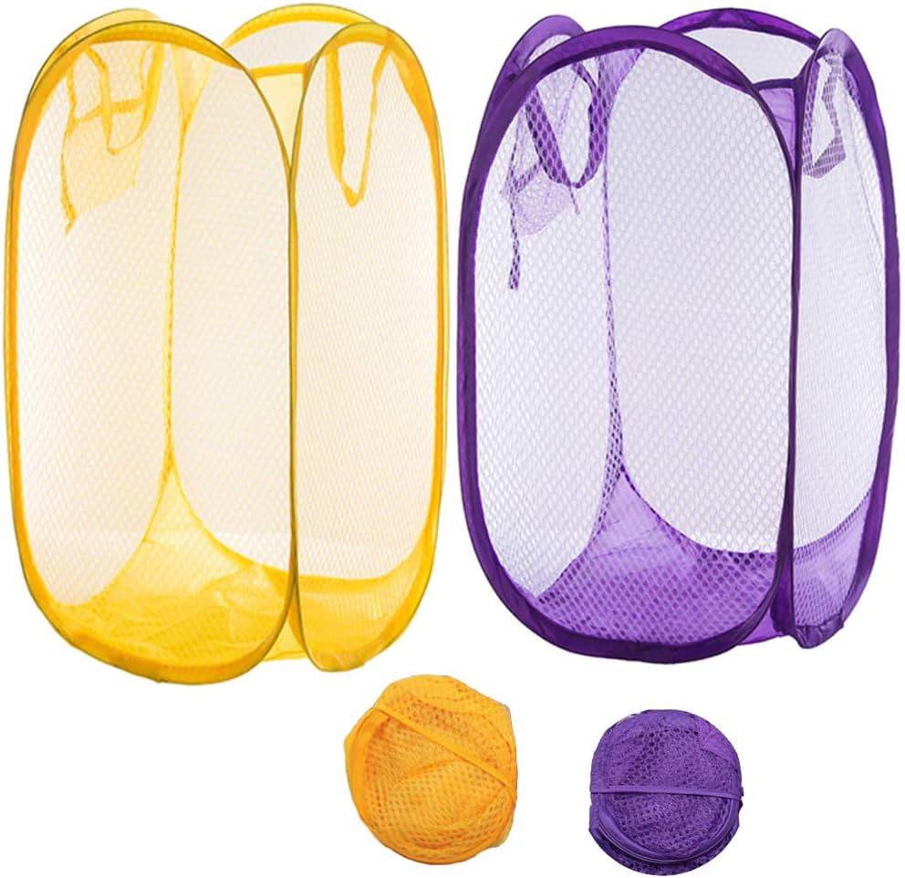 Qtopun Mesh Popup Laundry Hamper, Foldable 2 Pack Portable Dirty Clothes Basket Collapsible Dirty Clothes Hamper for Bedroom, Kids Room, College Dormitory and Travel (Yellow+Purple)