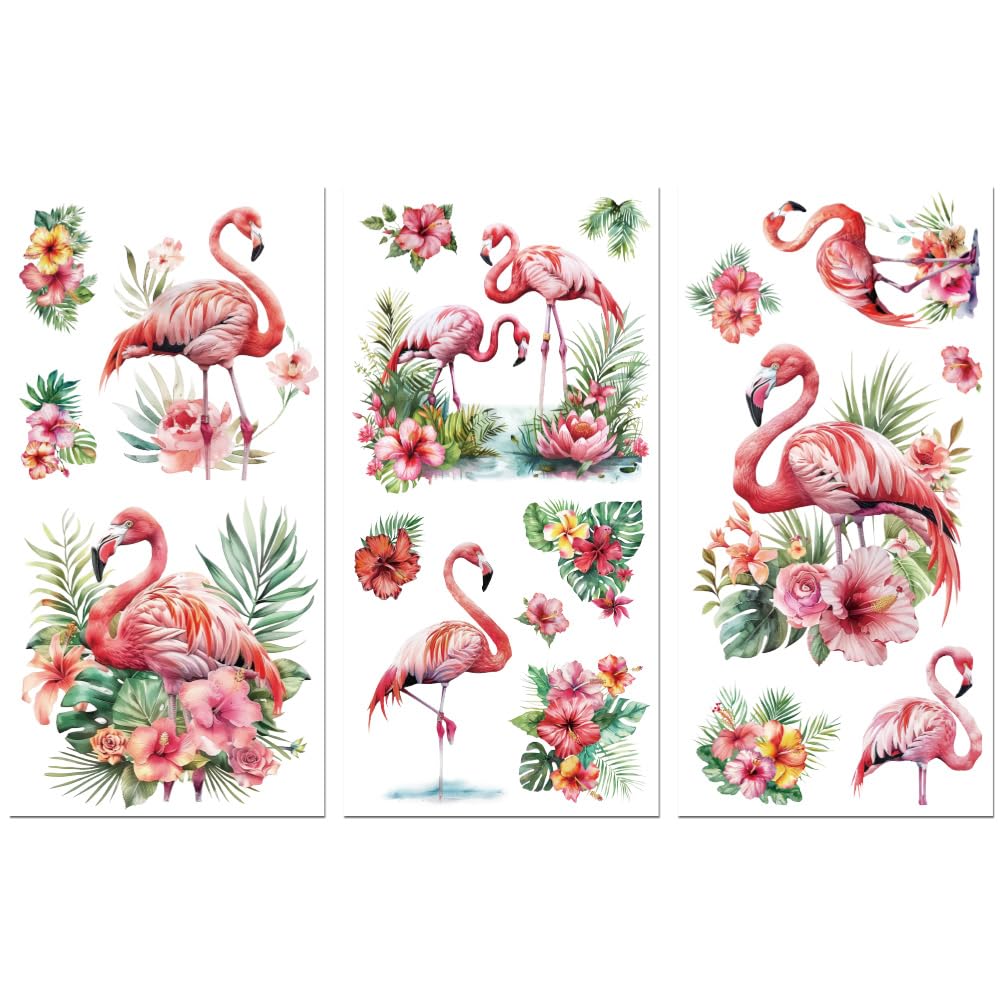 Peacoblue Rub on Transfer Decals for Furniture Crafts Decor 6"x12", 3Pcs Tropical Flamingo Waterproof UV DTF Transfer Decals Sticker for Dresser Lingerie Chests Drawer Glass Porcelain Wood Plastic — image 1