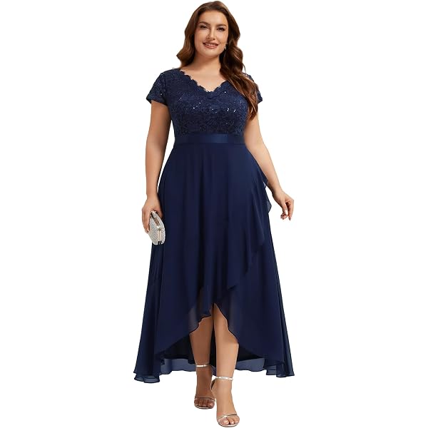 Amazon.com: Ever-Pretty Women's V Neck Ruffles Sleeves High Low Lace Plus  Size Summer Cocktail Party Wedding Guest Dresses Navy Blue US18 : Clothing,  Shoes & Jewelry