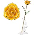 ZJchao 24K Yellow Rose for Her, Dipped Gold Rose Love Real Golden Plated Preserved Eternal Flower with Rose Stand Present for Wife/Girlfriend/Friend(Yellow)