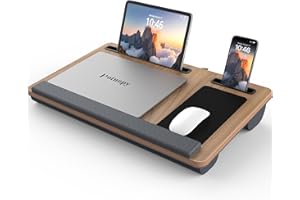 Potuopy Lap Desk - Up to 17” Laptop with Wrist Rest, Portable Handle, Fixed Mouse Pad, Tablet & Phone Slots, Laptop Stand for Bed with Cushion (Dark Brown Woodgrain)