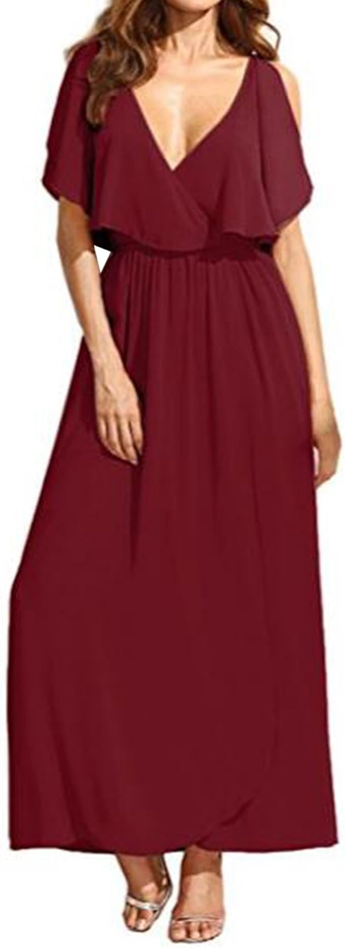 Amazon.com: Kidsform Women Maxi Dress Deep V-Neck Ruffle Split Sleeveless Causal High Waist 