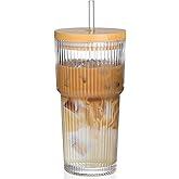 AUFXKOO 20oz Glass Cups with Lids and Straws,1PCS Ribbed Glass Coffee Cups,Iced Coffee Cups with Lid,Vintage Bamboo Tumbler for Juice,Smoothies