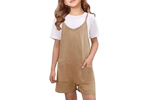 CharmWM Girls Summer Jumpsuits Spaghetti Strap Sleeveless Loose Romper Short Pants with Pockets 5-14 Years