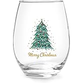 Jogskeor Merry Christmas Wine Glass, Christmas Tree 15Oz Stemless Wine Glass, Christmas Gift for Women Men Famliy, Friends, Dad, Mom for Christmas Holiday Wedding Party