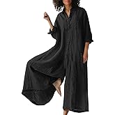 CHARTOU Women Linen Button Down Long Sleeve Wide Leg Jumpsuit Beach Palazzo Pants One Piece Jumpsuit