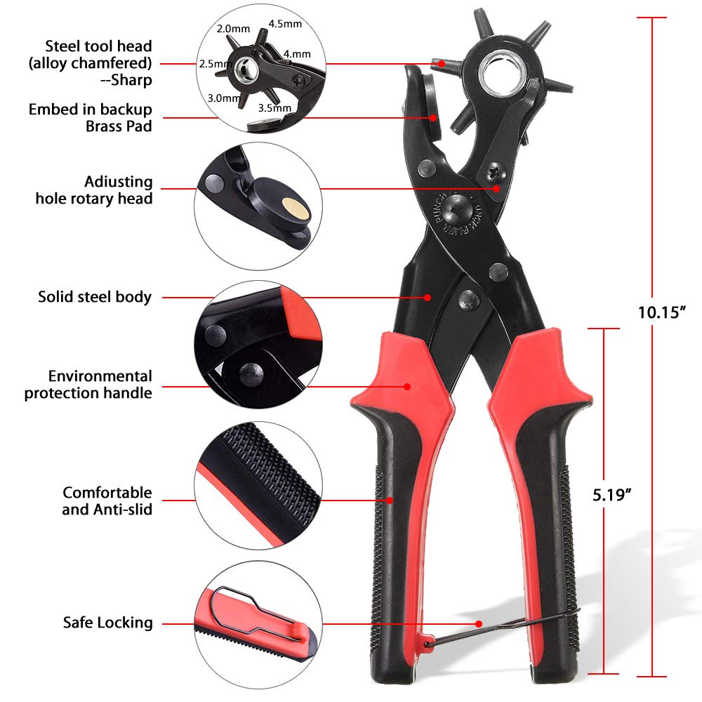 Leather Hole Punch Tool for Belt - Multi Hole Sizes Puncher for Belts, Watch Bands, Straps, Dog Collars, Saddles, Shoes, Fabric, DIY Home or Craft Projects - with 5/32