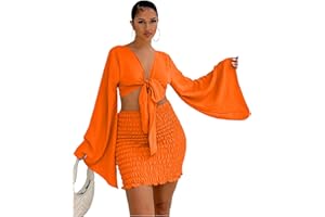 LYANER Women's 2 Piece Outfits Tie Knot Front Bell Long Sleeve Crop Top and Mini Skirt Set