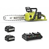 SEYVUM Cordless 40V 16 Inch Chainsaw with 2 x 4.0Ah Batteries, Electric Chain Saw with Tool-free Chain Tension, Auto Oiling, Heavy-Duty for Tree Felling, Firewood Cutting, Pruning