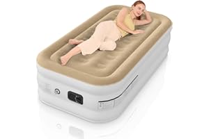 Ezyrest 16 Inches Premium Air Mattress Twin for Camping & Guest, Leakproof Blow Up Mattress with Soft Flocked Top, Foldable Twin Air Mattress with Built in Pump Raised, Waterproof Inflatable Mattress