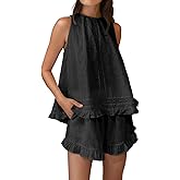 Xfileen Womens Ruffle Pajama Set Cotton 2 Piece Sets Summer Sleeveless Lace Trim Top and Shorts