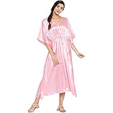 Oussum Women Plus Size Kaftan Dress Solid Satin Maxi Kimono Sleeves Night Gown Dresses Comfortable Lounge Wear for Ladies