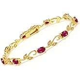 Gem Stone King 18K Yellow Gold Plated Silver 5.53 Ct Oval Ruby Diamond Greek Vine 7 Inch Tennis Bracelet For Women