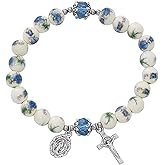 Blue Ceramic Stretch Rosary Bracelet With Miraculous Medal and Crucifix