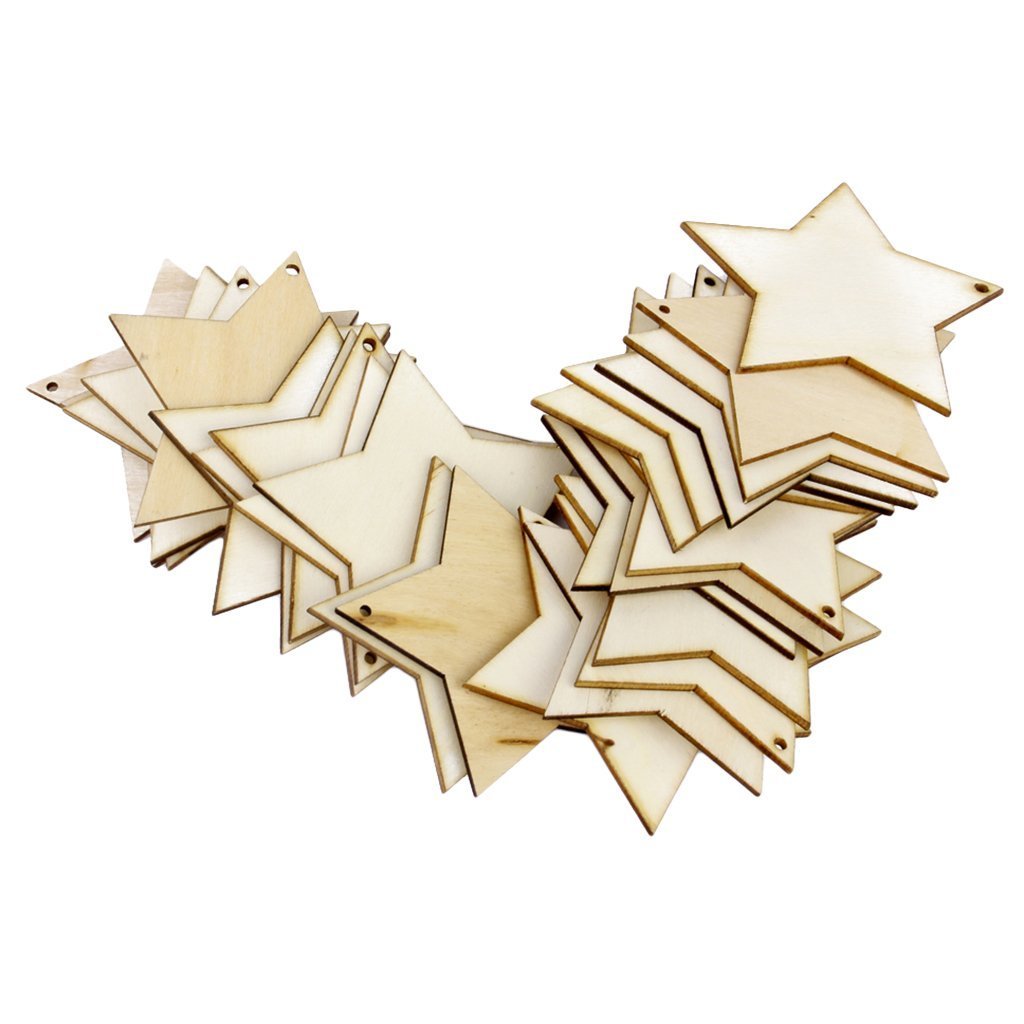 ForuMall 25x Wooden Star Shapes, Plain Wood Craft Tags with Hole (80mm)