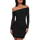 kaimimei Women Sexy Off Shoulder Mesh Bodycon Mini Dress Long Sleeve Sheer Ruched Party Cocktai Dresses