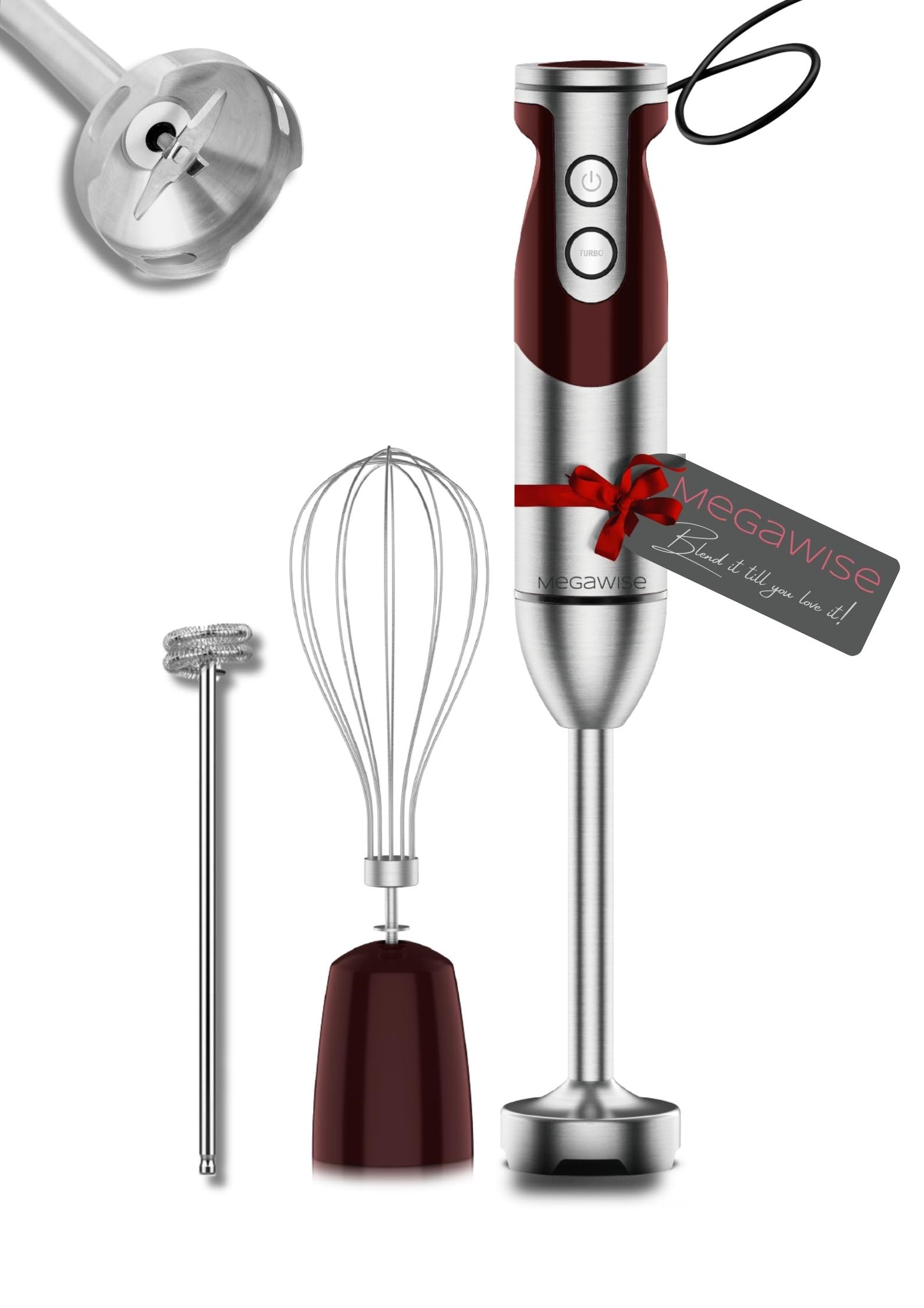 thumbnail image 2 of MegaWise Pro Titanium Reinforced 3-in-1 Immersion Corded Hand Blender, Powerful MOTOR With 80% Sharper Blades, 12-Speed Corded Blender, IncludingWhisk And Milk Frother (3-in 1 Red) Amazon Review Analysis 2 of 9