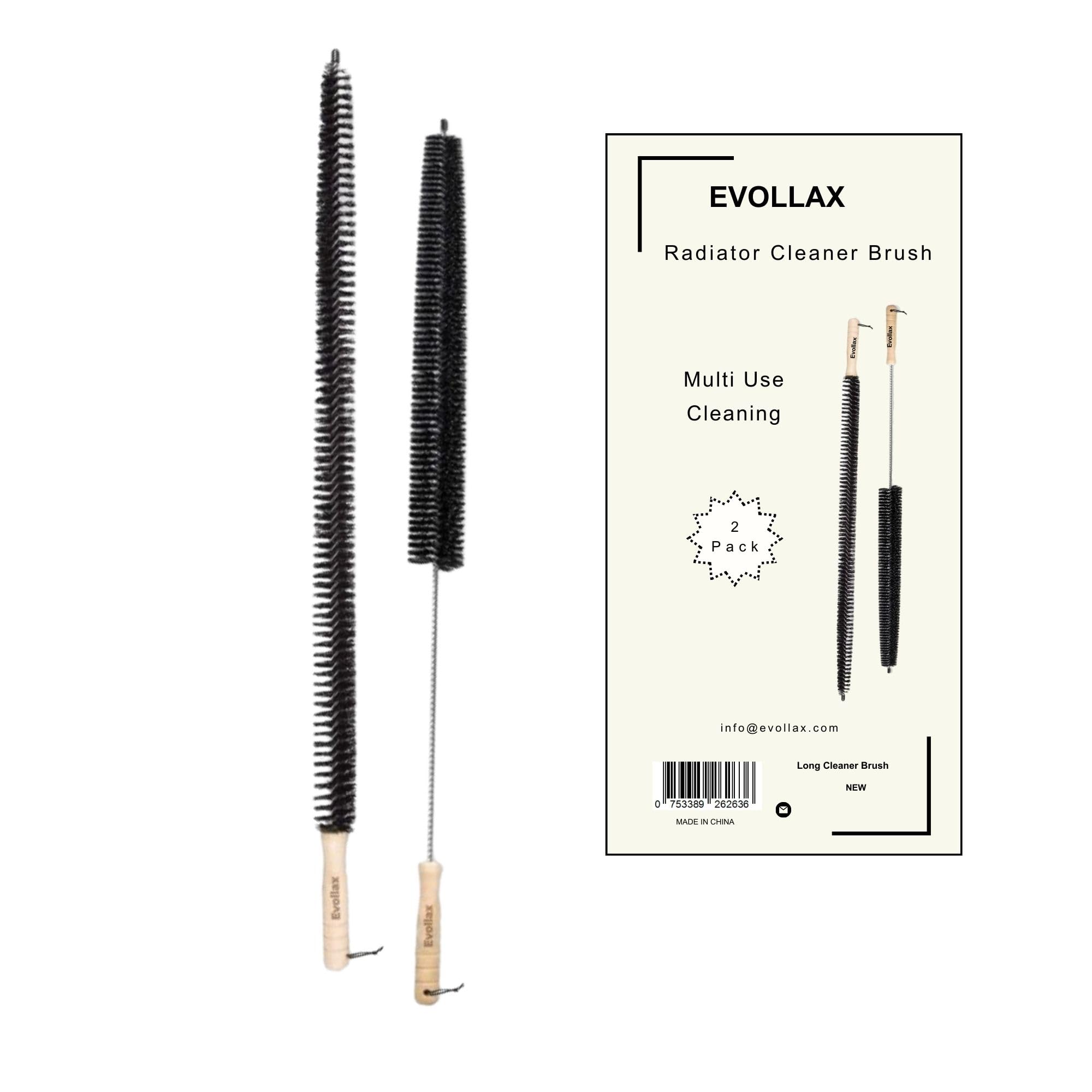Evollax Radiator Cleaner Brush – 2 Pack Wood Handle Radiator Brush with Hanging Hook Loop | Radiator Cleaning Brush | Radiator Brushes for Cleaning 65 CM | Radiator Cleaner Brush Thin Long Flexible