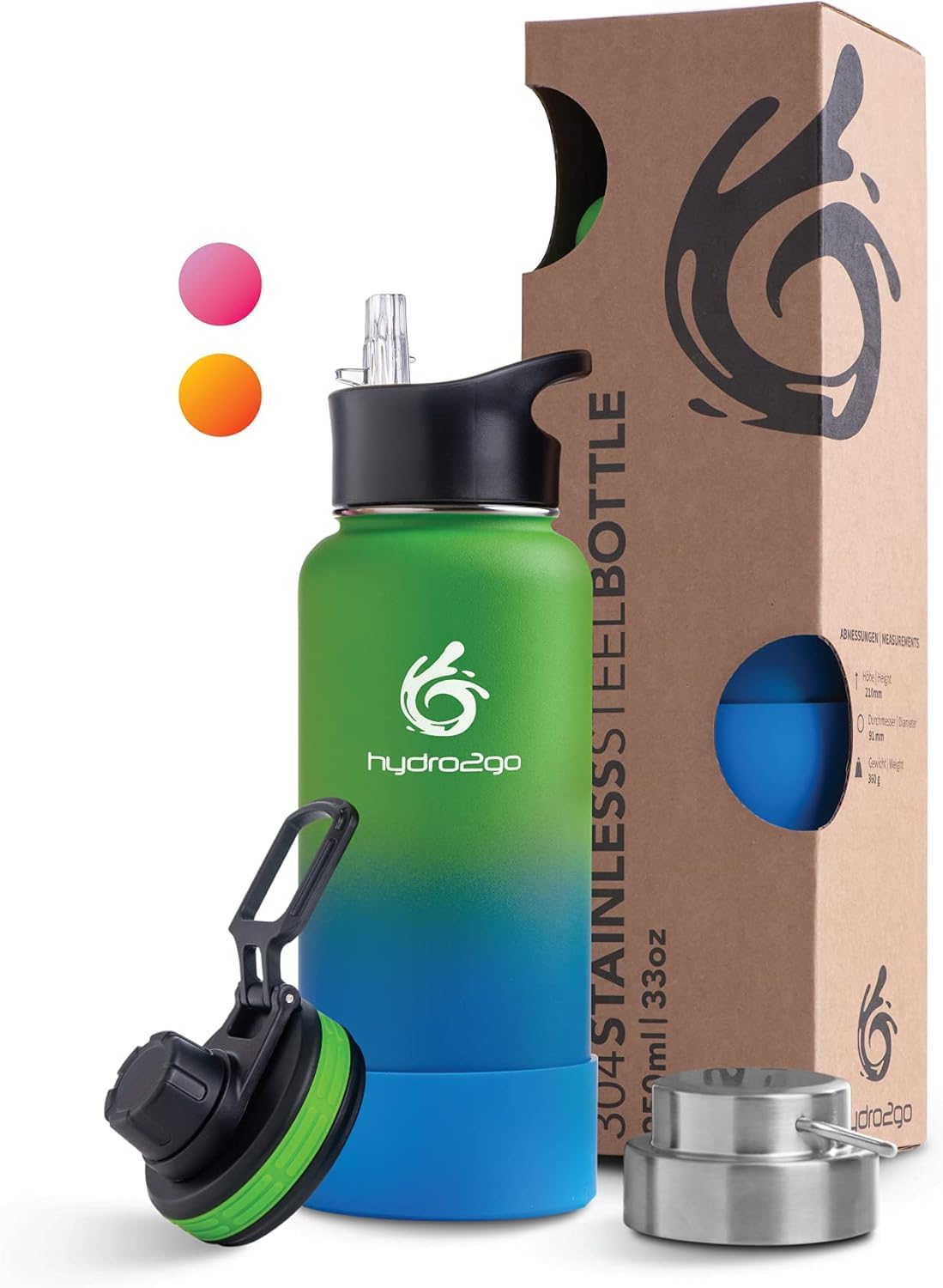 hydro2go Stainless Steel Water Bottle – BPA-free & Insulated – Keeps Drinks Hot 12 h / Cold 24 h – 3 Caps Included, 950 ml, Kids & Outdoor (Earth)
