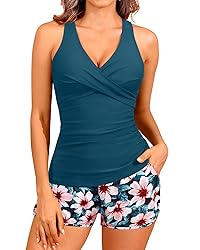 Women Teal Flower Tankini Swimsuits with Shorts