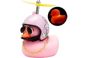 wonuu Rubber Duck Car Ornaments Pink Duck Bike Bell Cute Duck Car Dashboard Decorations Squeeze Duck Bicycle Horns with Propeller Helmet, Bandage and Gold Chain