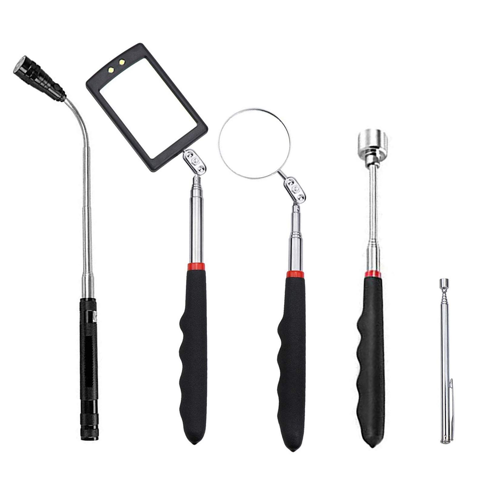 Wuudi 5PCS Magnetic Telescoping Pickup, Pick-Up Tool Kit with Telescoping Handle 360 360 Rotatable including 8 lb/ 1.5 lb Pick-Up Rod, Flashlight and Round/Square Inspection Mirror