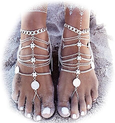 2Pcs Boho Vintage Silver Tone Gold Tone Coin Blessing Symbol Tassel Indian Anklets Foot Jewelry (Silver)