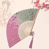 Kibon Folding Fan Handheld Silk Bamboo Tassel Pink 8.3 15in for Props Gift view 6