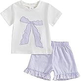 SAYOO Toddler Baby Girl Short Outfit Bow Embroidery Short Sleeve Cotton T-Shirt Gingham Plaid Shorts 2Pcs Summer Clothes