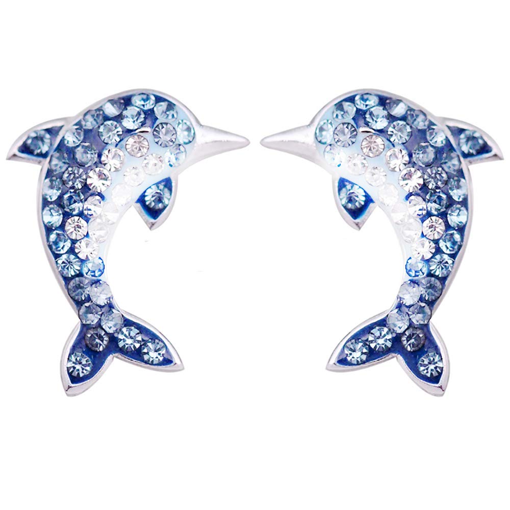 MixiuEuro Women Girls Dolphin Stud Earrings, 925 Sterling Silver CZ Cubic Zirconia Blue Dolphin Stud Earrings Girls Child Jewellery
