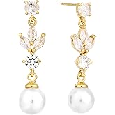 Cubic Zirconia Pearl Earrings, Gold Simple Pearl Drop Dangle Earrings Dainty Wedding CZ Dangle Dangling Cute Jewelry for Brides Women Gifts