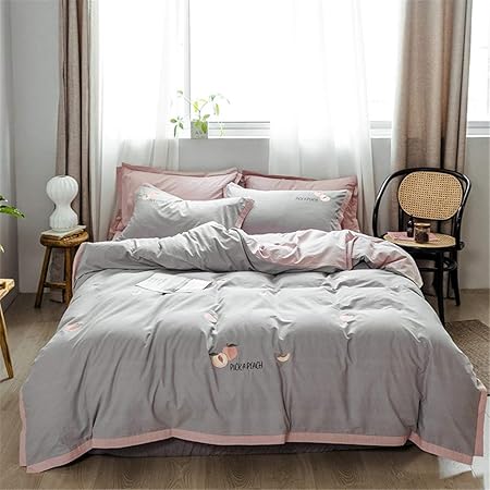 Funda nórdica de algodón 100% lavado Ropa de cama de color rosa claro y gris